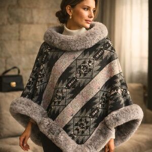 🖤 Model Pattern Faux Fur Trim Poncho / Cozy Luxe Wrap / One Size / Bundle & Save